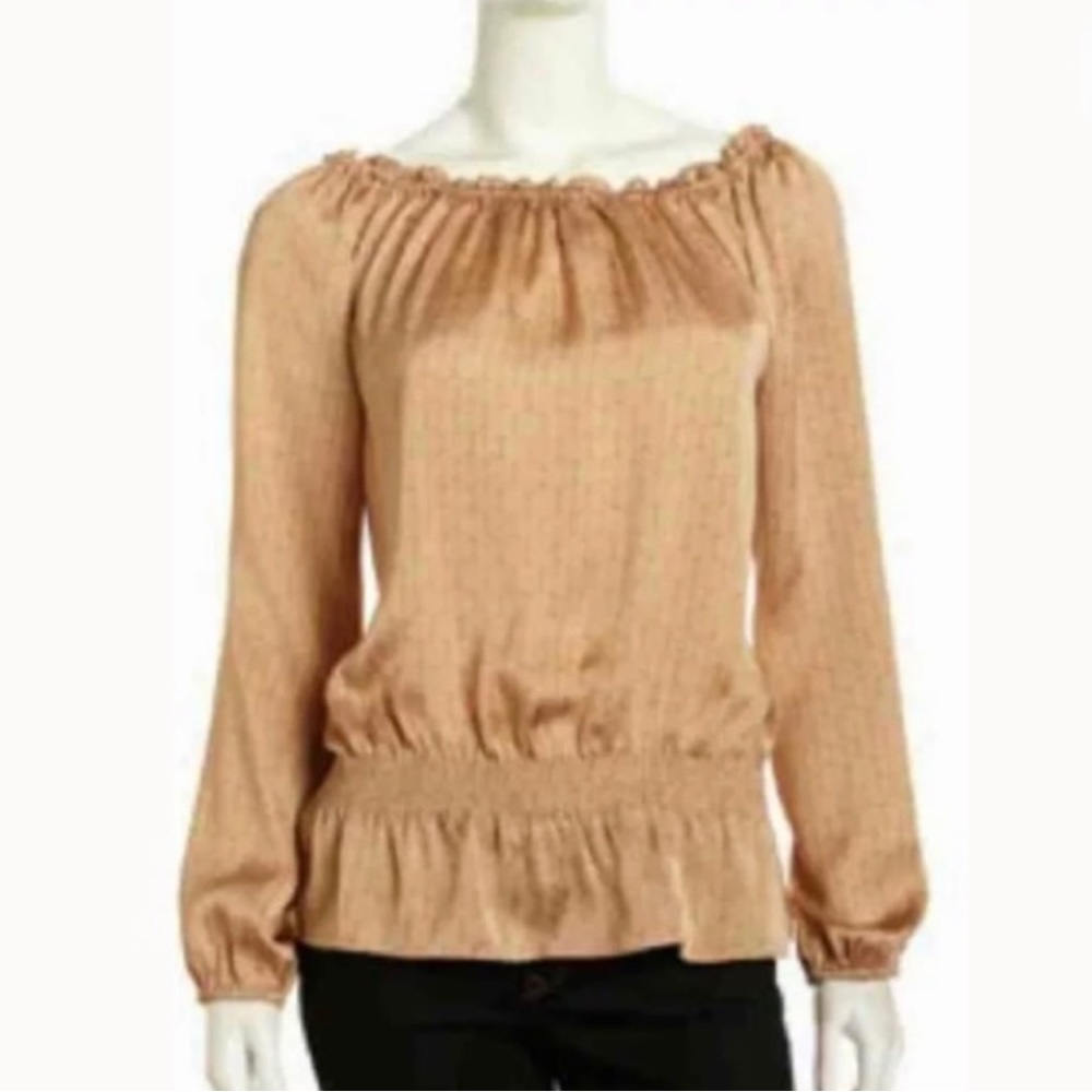 Michael Kors Tan Gold MK Logo Long Sleeve Off Shoulder Ruffle Hem Blouse Sz 6